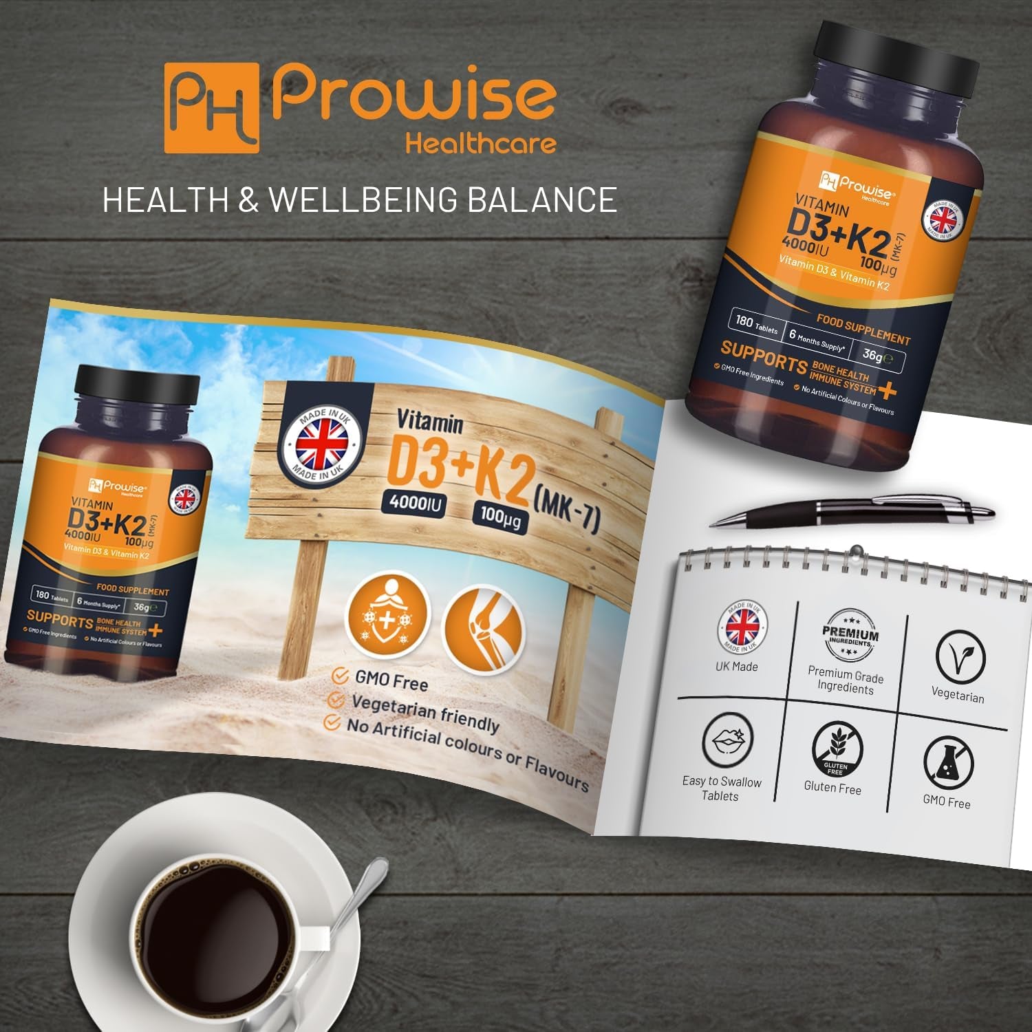 Vitamin D3 4000IU & K2 MK7 100ฮg Vegetarian Tablets I 180 (6 Months Supply) I Easy to Swallow Supplement for Immune Support, Calcium Boost, Bone & Muscle I Made in the UK by Prowise Healthcare